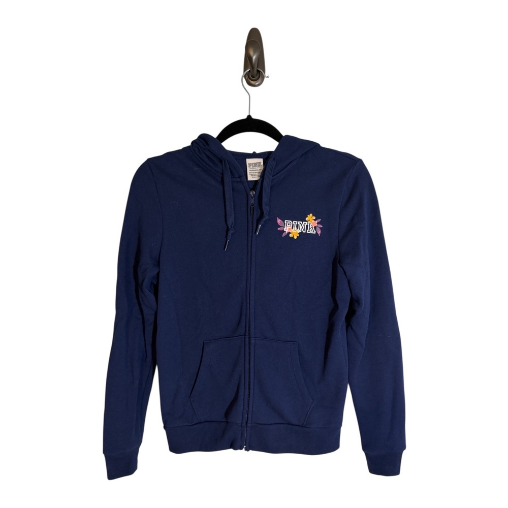 PINK Victoria's Secret Full Zip Hoodie Navy Blue XS Women Floral Logo Casual